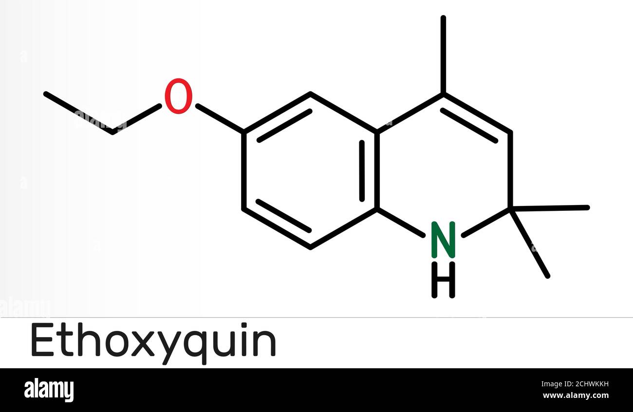 Ethoxyquin, EMQ, antioxidant E324 molecule. It is a quinoline used as a