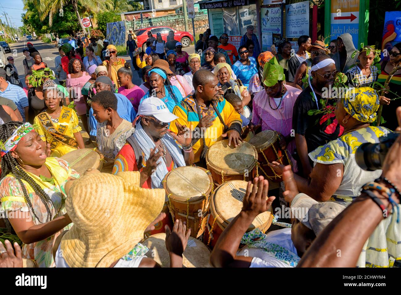 Hopkins Village, Stann Creek District, Belize - November 19, 2019: Garifuna Settlement Day re-enactment and celebration at Hopkins Village. An annual event that marks the arrival of the Garifuna people into Belize. Stock Photo