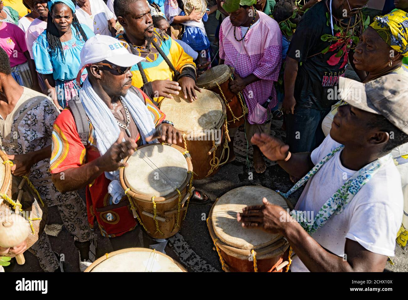 Hopkins Village, Stann Creek District, Belize - November 19, 2019: Garifuna Settlement Day re-enactment and celebration at Hopkins Village. An annual event that marks the arrival of the Garifuna people into Belize. Stock Photo