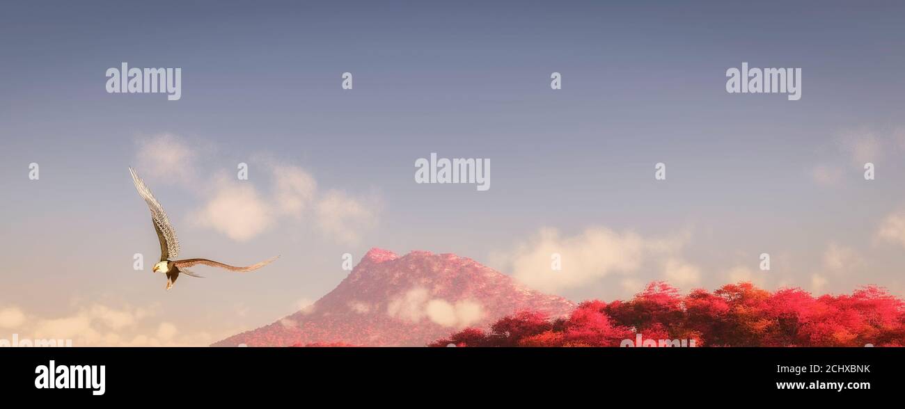 3d illustration of an eagle flying over a forest of red trees Stock ...