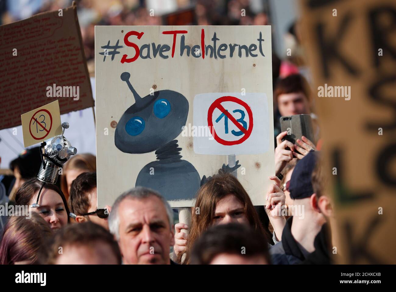 People protest against the planned EU copyright reform in Berlin, Germany March 23, 2019. REUTERS/Hannibal Hanschke Stock Photo