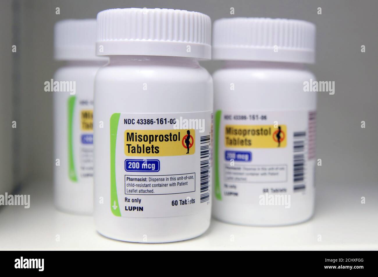 Bottles of the drug Misoprostol, made by Lupin Pharmaceuticals, sit on a shelf at a pharmacy, in this picture illustration taken June 19, 2019 in Provo, Utah, U.S., June 19, 2019.  REUTERS/George Frey/Illustration Stock Photo
