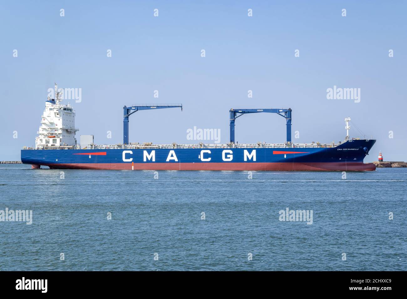 Container Ship CMA CGM MARSEILLE. CMA CGM S.A. is a French container transportation and shipping company. Stock Photo