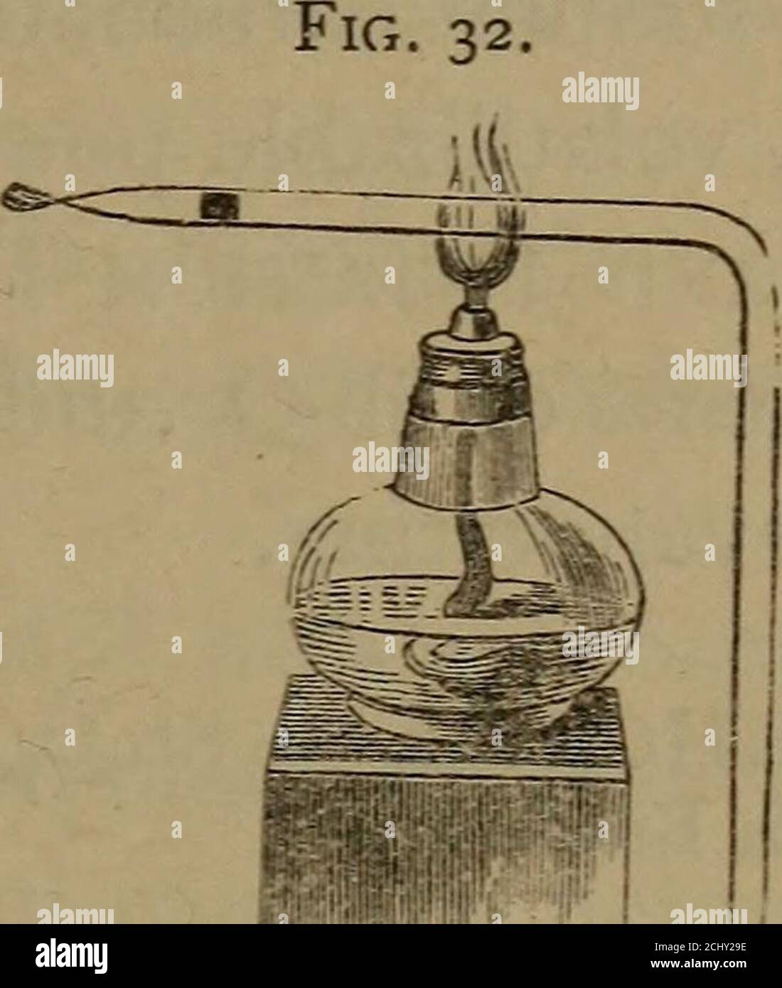 . Essentials of medical and clinical chemistry. With laboratory exercises . h held in the flame. Then pourinto the generator some of the suspected solution. If arsenic bepresent, there is an odor of garlic; the flame becomes bluish-white, and a cold porcelain dish held in the jet (Fig. 31) sochills the flame that only the H burns, and the As is deposited onthe porcelain as a brilliant metallic film. If the delivery tubebe heated (Fig. 32), the passing AsH3 is decomposed, and me-tallic arsenic is deposited farther out in the tube in a film of thethe same character as that on the porcelain. PART Stock Photo