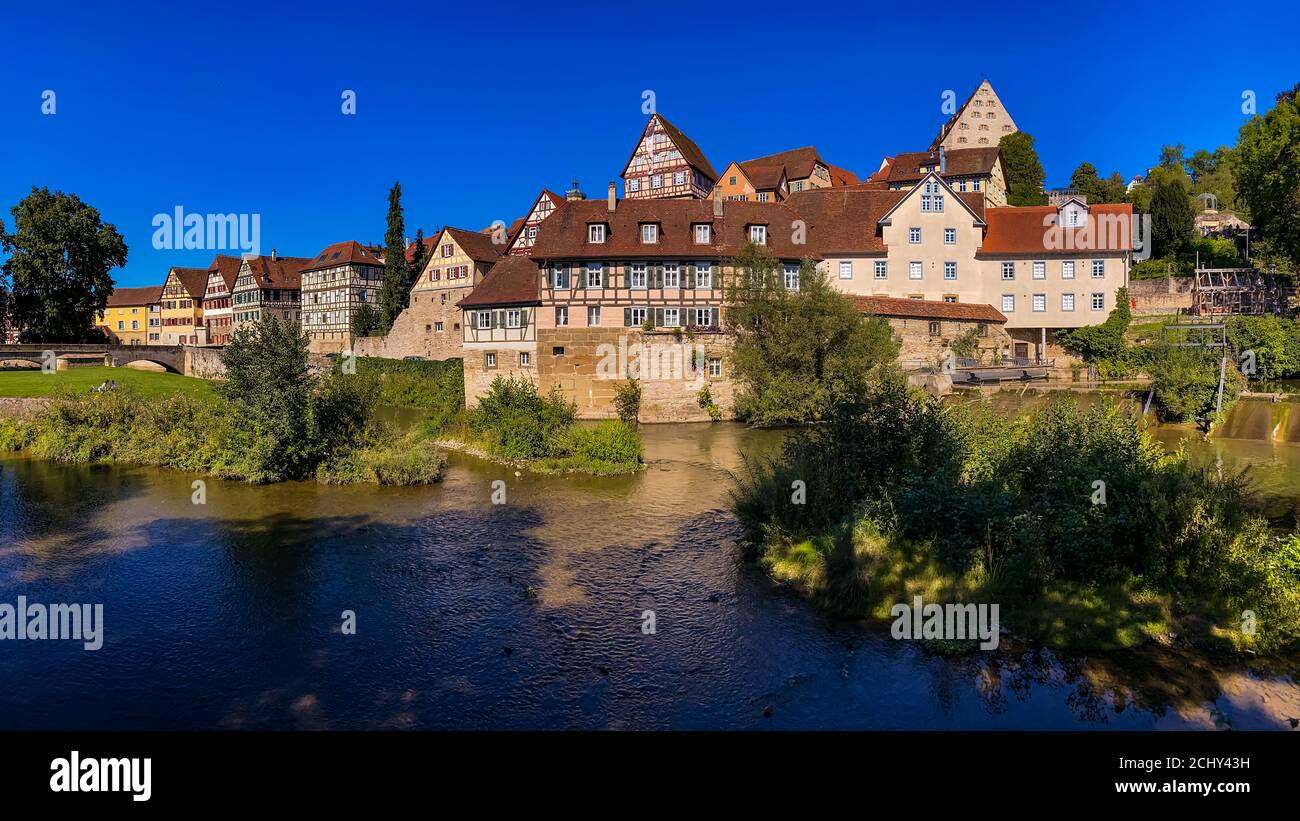 Fantastic panorama of the old town of Schwaebisch Hall with old half-timbered buildings seen from the island in the river Kocher Stock Photo