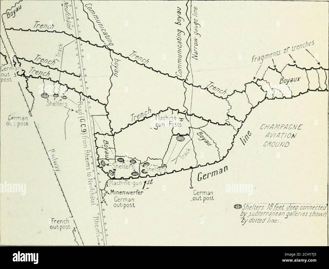 . Rheims and the battles for its possession . GERMANFIRST-LINEPOSITIONS INBETHENYPLAIN {see sketch-map below) Photographed at 7,000 it. from aeroplane, August 6, 1916, at 30 a.m. or^eS. Trenchoulposi ^Shelters Iff feet j/eep connectedby subterranean tjalkr/es shownTiy dolled /tnes. THE CERMAN FIRST-LINE DEFENCES IN THE PLAIN OF BETHENY The tourist passes through this region on returning to Rheims, shortly before coming tothe bridge under the railway. The sketch map explains the photograph above. 158 Pass under the Rheims-Laon railway by a very sharp double turning. Pier-quin Farm, entirely des Stock Photo