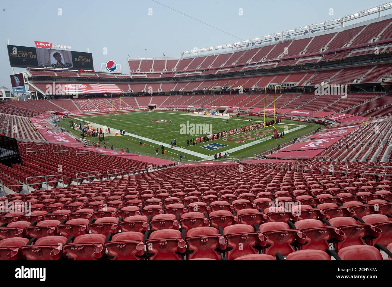 Santa Clara, CA, USA. 13th Sep, 2020. The San Francisco 49ers stand on the  field to an empty stadium during a pregame Black Lives Matter program  during the season opening NFL game