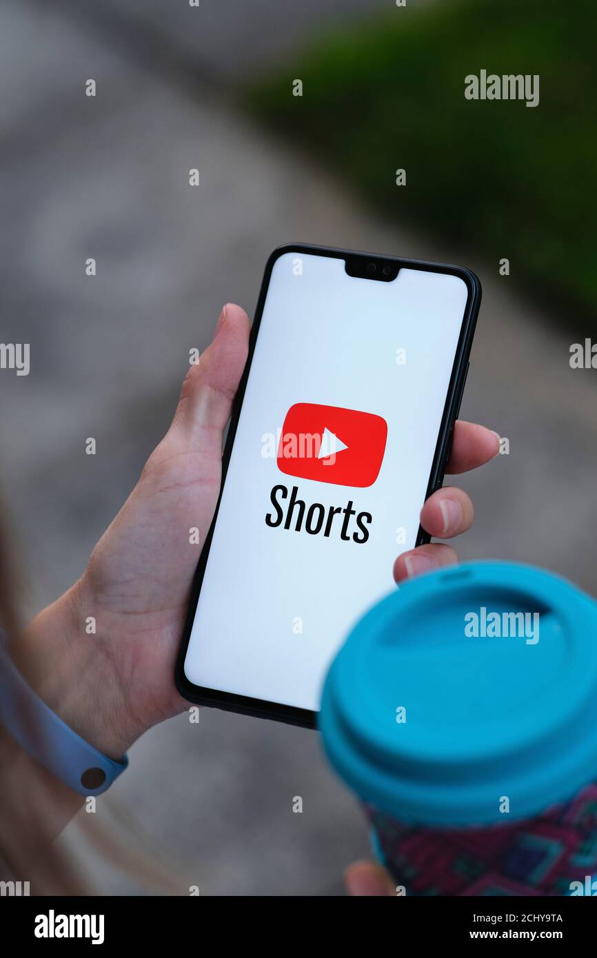 Stafford / UK September 2 2020 Youtube Shorts app logo seen on the smartphone which hold in a