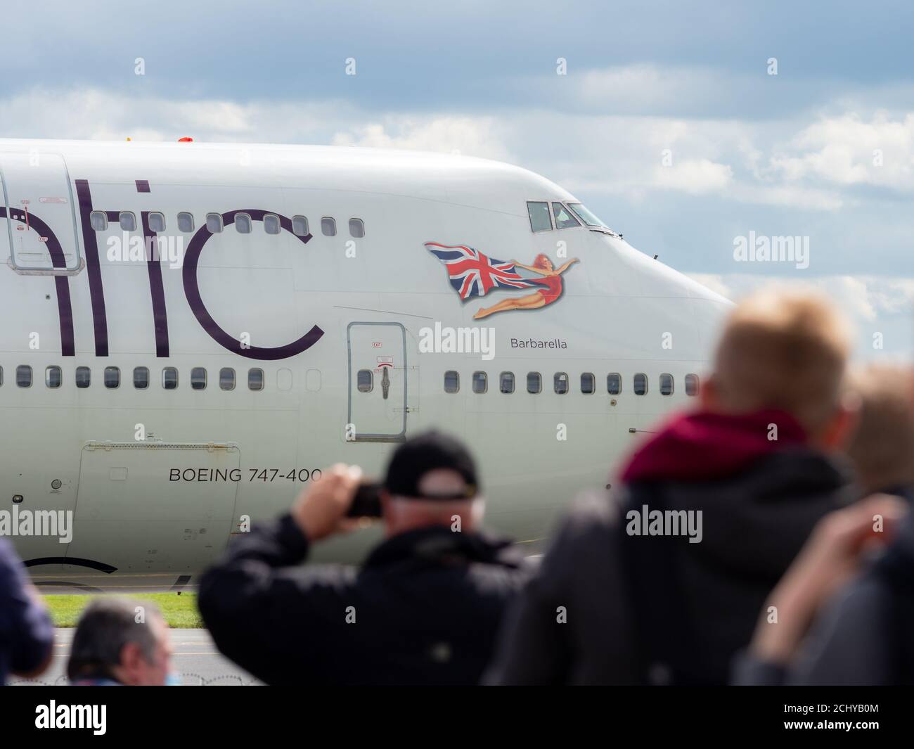 The retirement flight of Virgin Atlantics Boeing 747 - 400 named Barbarella departing Manchester Airport heading to Heathrow Stock Photo