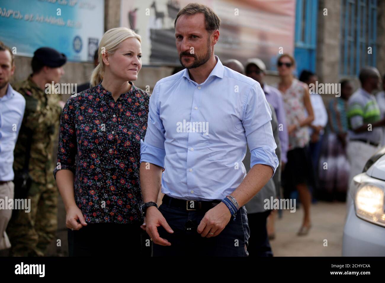 Crown Prince of Norway Haakon Magnus and Crown Princess Mette Marit arrive at the Endabaguna reception and registration centre for the newly arrived Eritrean refugees in Shire town, Tigrai region, Ethiopia, November 9, 2017. REUTERS/Tiksa Negeri Stock Photo