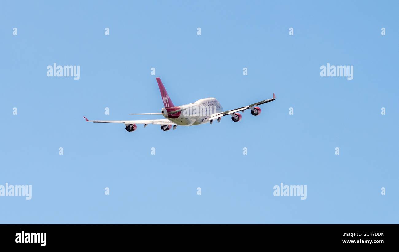 The retirement flight of Virgin Atlantics Boeing 747 - 400 named Barbarella departing Manchester Airport heading to Heathrow Stock Photo