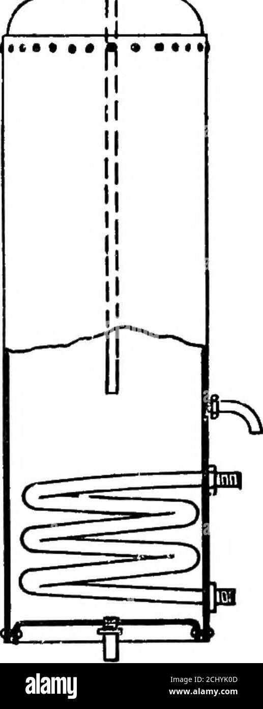 . Principles and practice of plumbing . imes .7584 =: 78.54square inches. Incrustation of Water Heaters.—An apparatus forautomatically feeding soda ash or other precipitating chem-icals to hard water is shown in Fig.125. This apparatus is used in connec-tion with waterbacks and water heat-ers to prevent them becoming chokedby deposits of lime. When properlylooked after an apparatus of this kindwill precipitate so large a quantity ofthe lime or magnesia held in solutionby the waters, that the periods be-tween cleanings of waterbacks orheaters will be lengthened from 50 to100 per cent. The preci Stock Photo