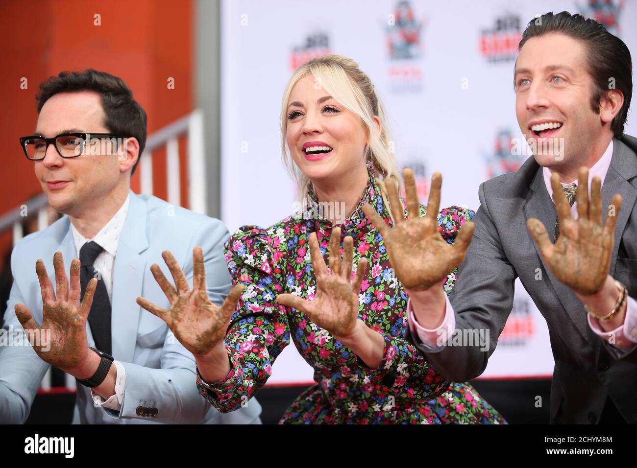 Actors Jim Parsons Kaley Cuoco And Simon Helberg Participate In The Cement Handprints Ceremony For The Cast Of The Television Comedy The Big Bang Theory At The Tcl Chinese Theatre Imax In
