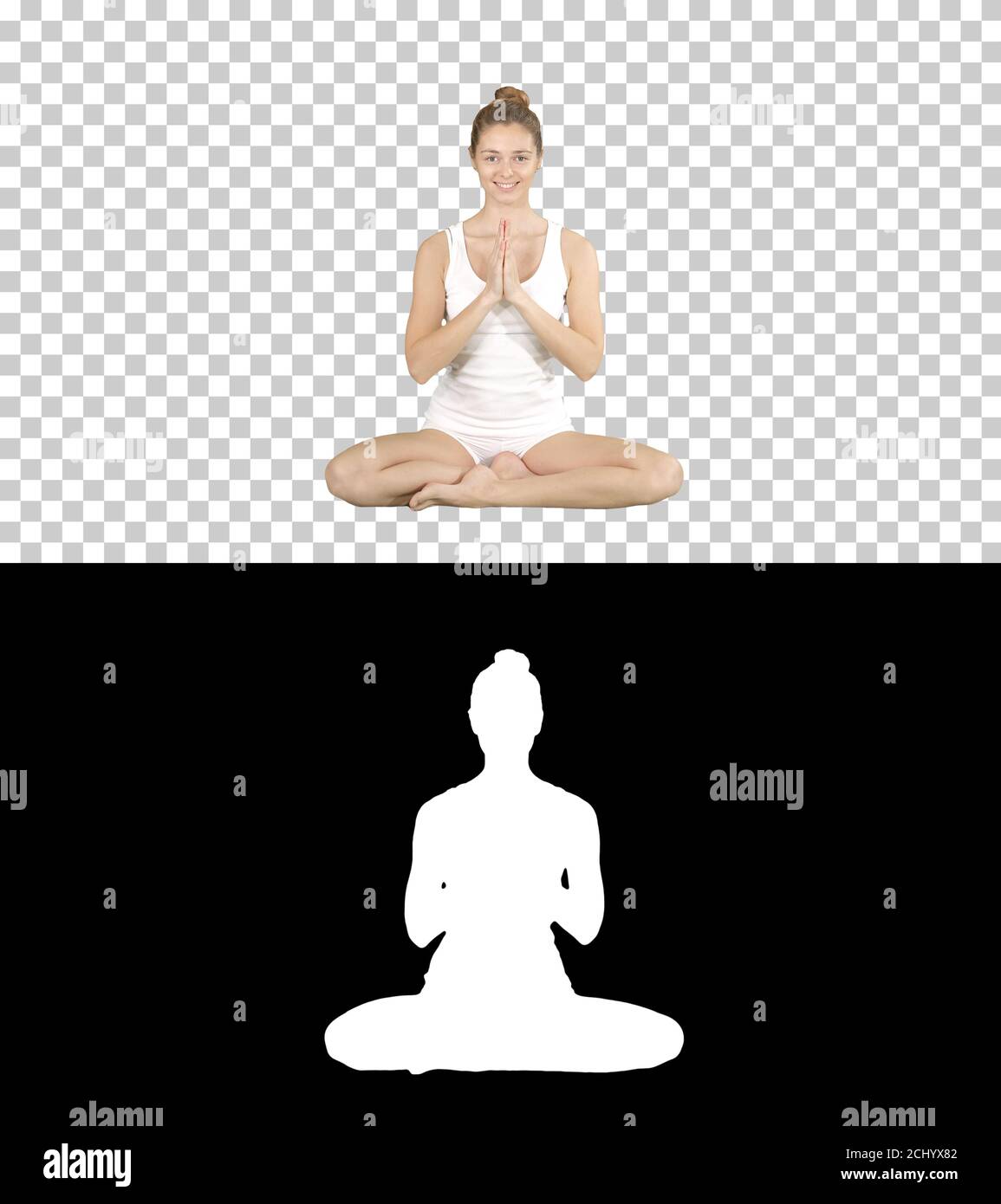 Beautiful woman sitting without yoga mat in lotus pose, Alpha Ch Stock
