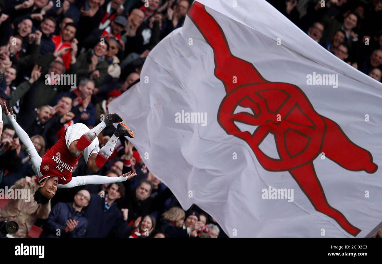 Soccer Football - Premier League - Arsenal vs Watford - Emirates Stadium, London, Britain - March 11, 2018 Arsenal's Pierre-Emerick Aubameyang celebrates scoring their second goal REUTERS/Eddie Keogh EDITORIAL USE ONLY. No use with unauthorized audio, video, data, fixture lists, club/league logos or "live" services. Online in-match use limited to 75 images, no video emulation. No use in betting, games or single club/league/player publications. Please contact your account representative for further details. TPX IMAGES OF THE DAY Stock Photo