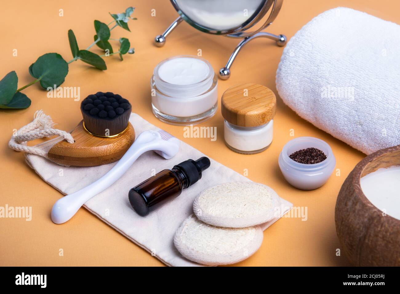 Home selfcare kit for face. Dry lymphatic drainage massage brush