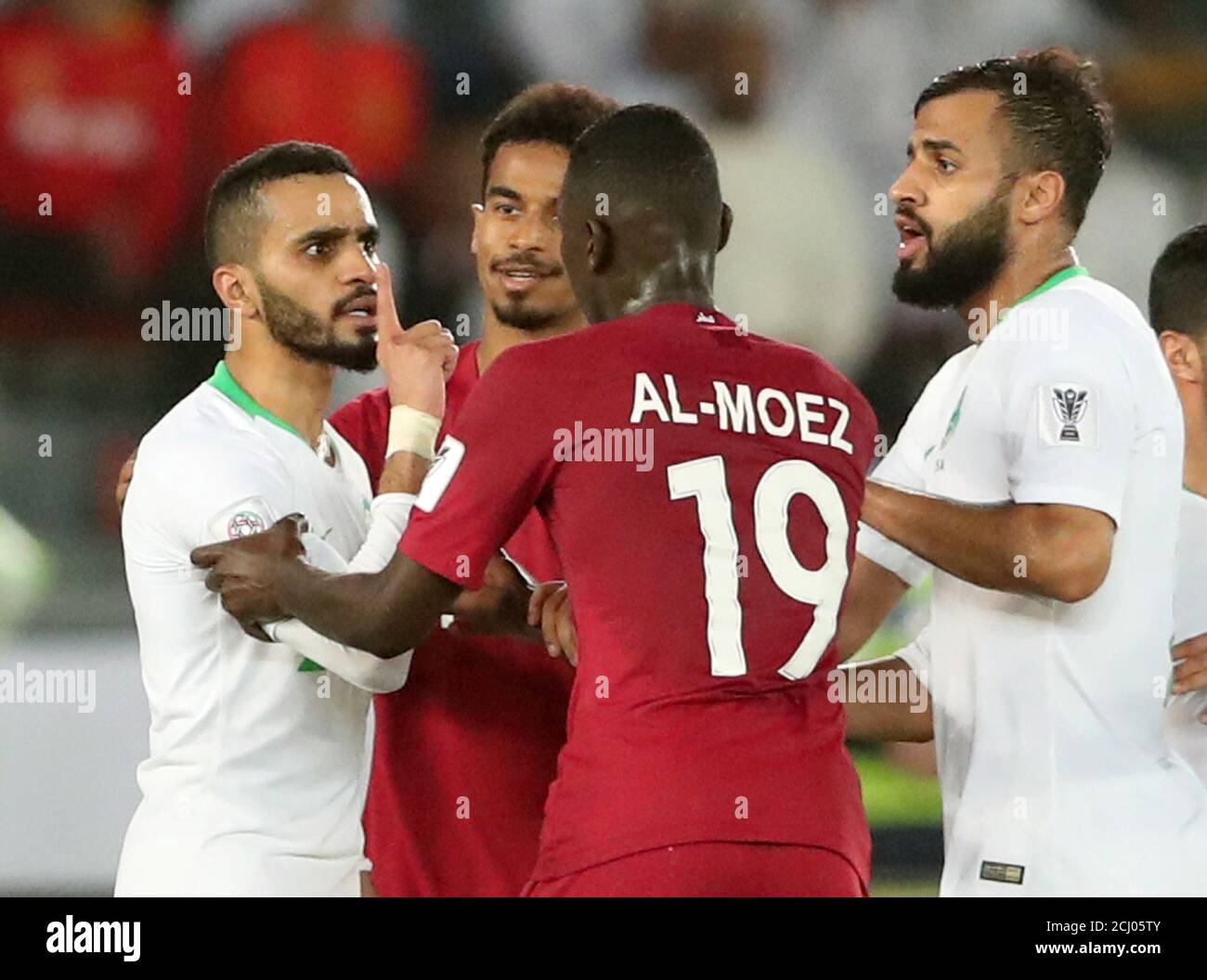 Soccer Football Afc Asian Cup Group E Saudi Arabia V Qatar Zayed Sports City Stadium Abu Dhabi United Arab Emirates January 17 2019 Qatar S Almoez Ali Clashes