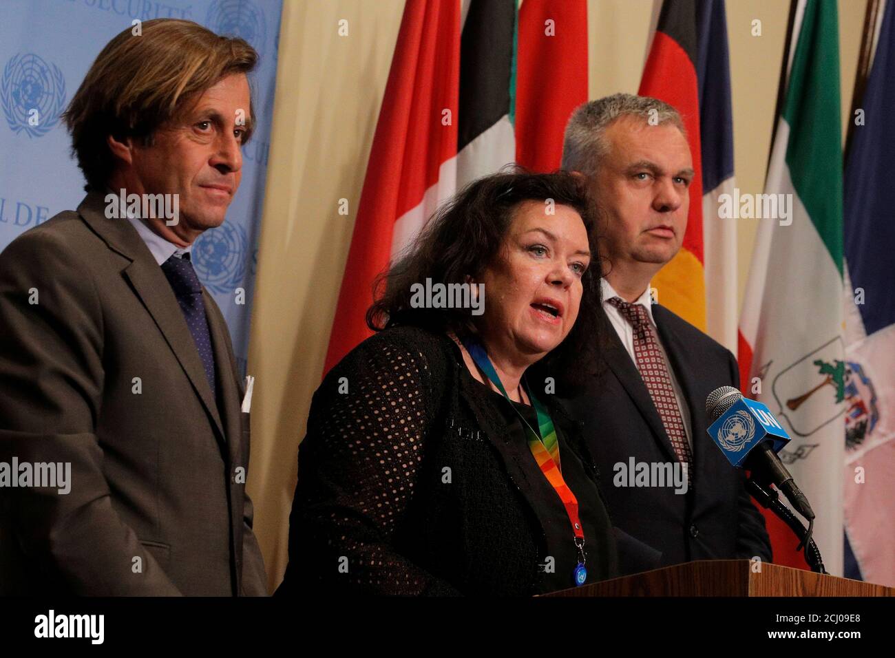 Nicolas de Riviere, French Ambassador to the United Nations, Karen Pierce, the United Kingdom's Ambassador to the UN, and Jurgen Schulz, German Deputy Ambassador to the UN, deliver a statement after a U.N. Security Council meeting, on North Korea's latest missile launches, at the United Nations headquarters in New York, U.S.,  August 1, 2019. REUTERS/Brendan McDermid Stock Photo