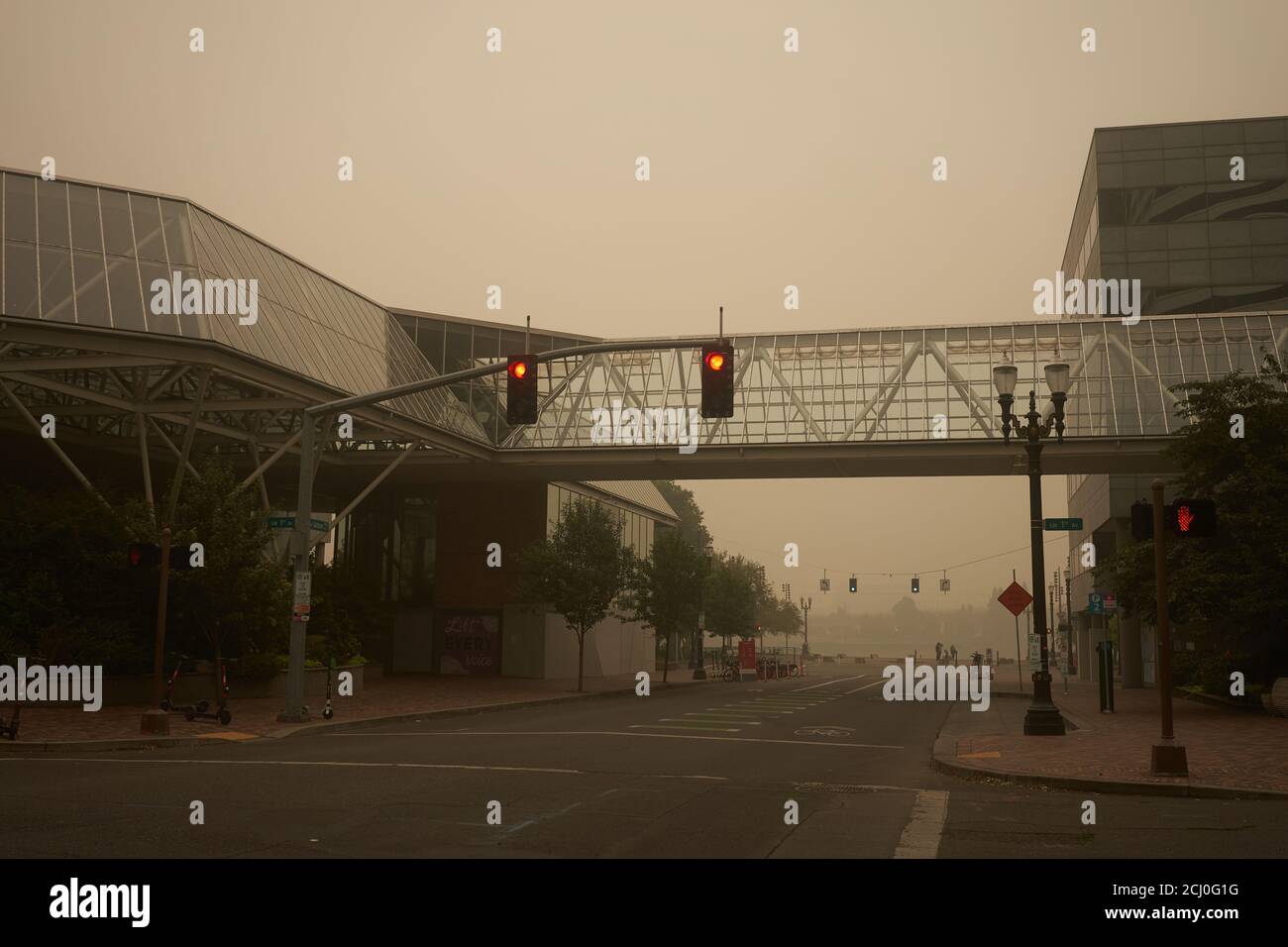 Empty streets in downtown Portland, Oregon, on Saturday afternoon, September 12, 2020, during the Oregon wildfires. Stock Photo