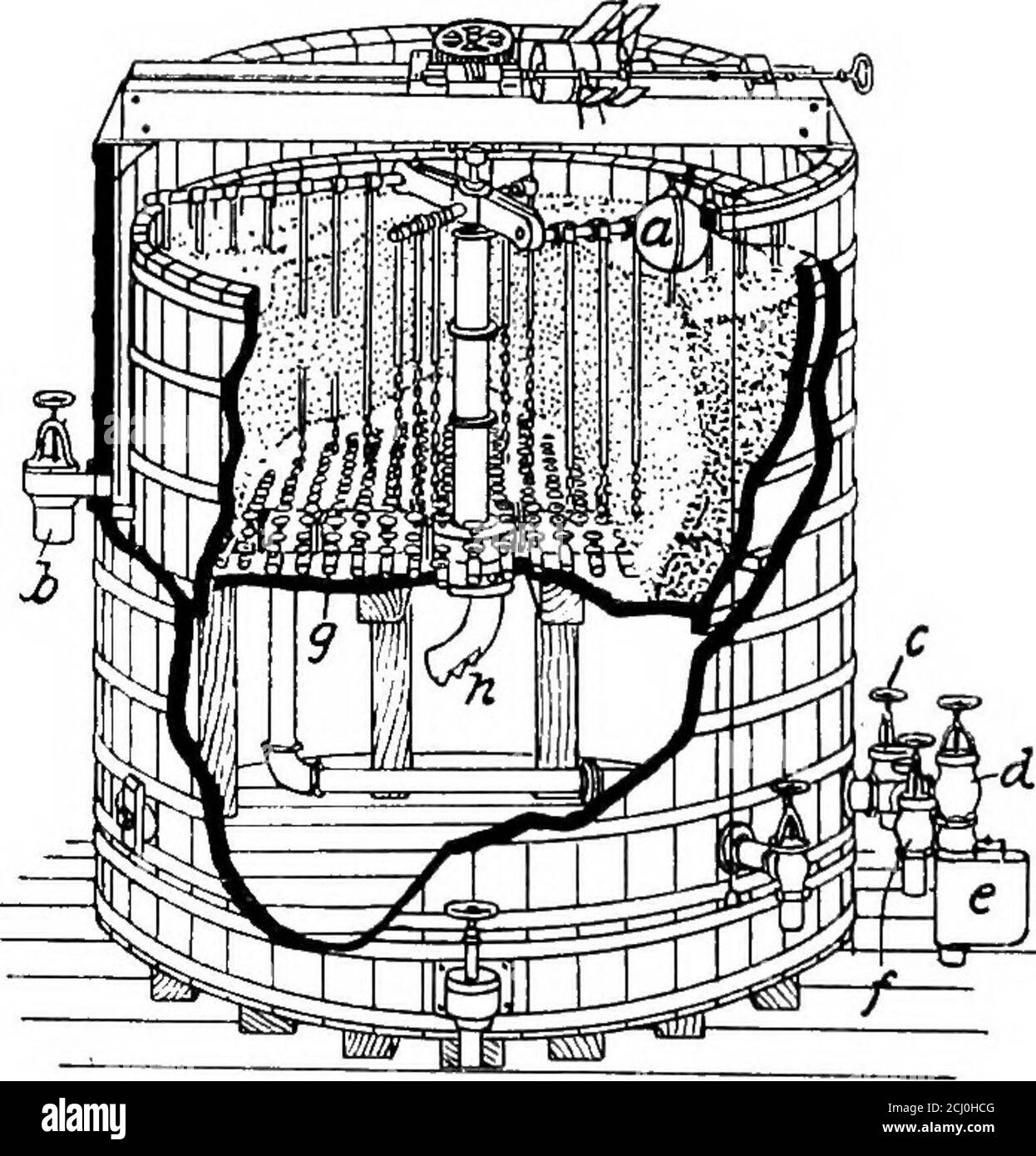 . Principles and practice of plumbing . ing in a few hours a layer that with-out the use of coagulant would require weeks to form. Thethicker the layer of sediment, the greater the bacterialefficiency of a filter, but usually after from twelve to twenty-four hours operation, the sediment layer becomes so thickthat sufficient water cannot pass through, and the filter bedmust then be cleaned. Gravity Type Filter.—A filter of the subsidence grav-ity type is shown in Fig. 108. Unfiltered water, to which coagulant has beenadded, enters the sub-sidence basin be-neath the filter andusually tangent to Stock Photo