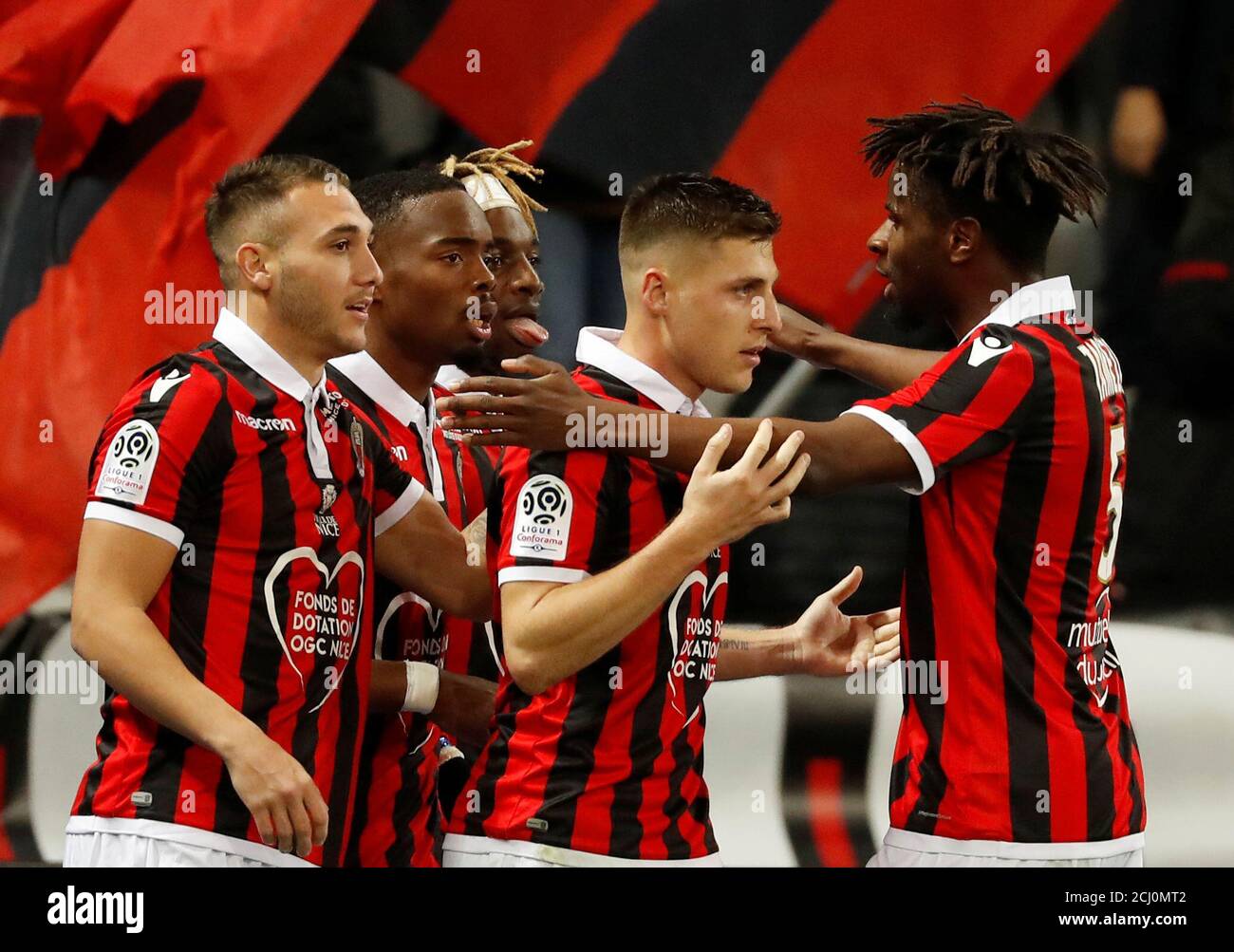 Soccer Football Ligue 1 Ogc Nice V Olympique Lyonnais Allianz Riviera Nice France February 10 19 Nice S Remi Walter Celebrates Scoring Their First Goal With Team Mates Reuters Eric Gaillard Stock Photo Alamy