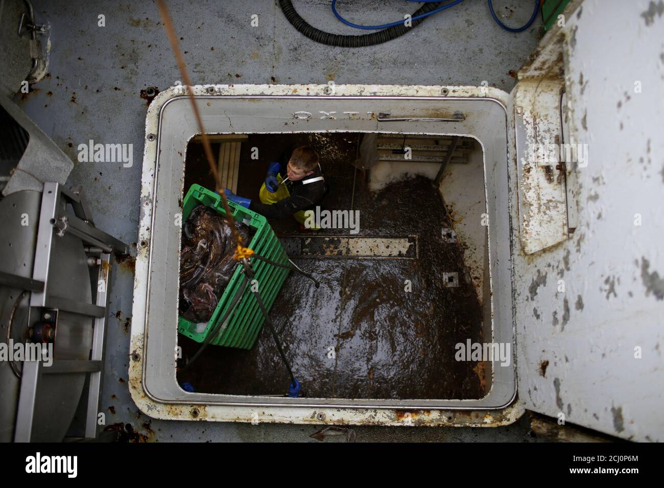 Mikkel Jakobsen, 22, prepares to unload caught fish after an expedition aboard the Pia Glanz while docked in the village of Thyboron in Jutland, Denmark, March 16, 2019. REUTERS/Andrew Kelly Stock Photo