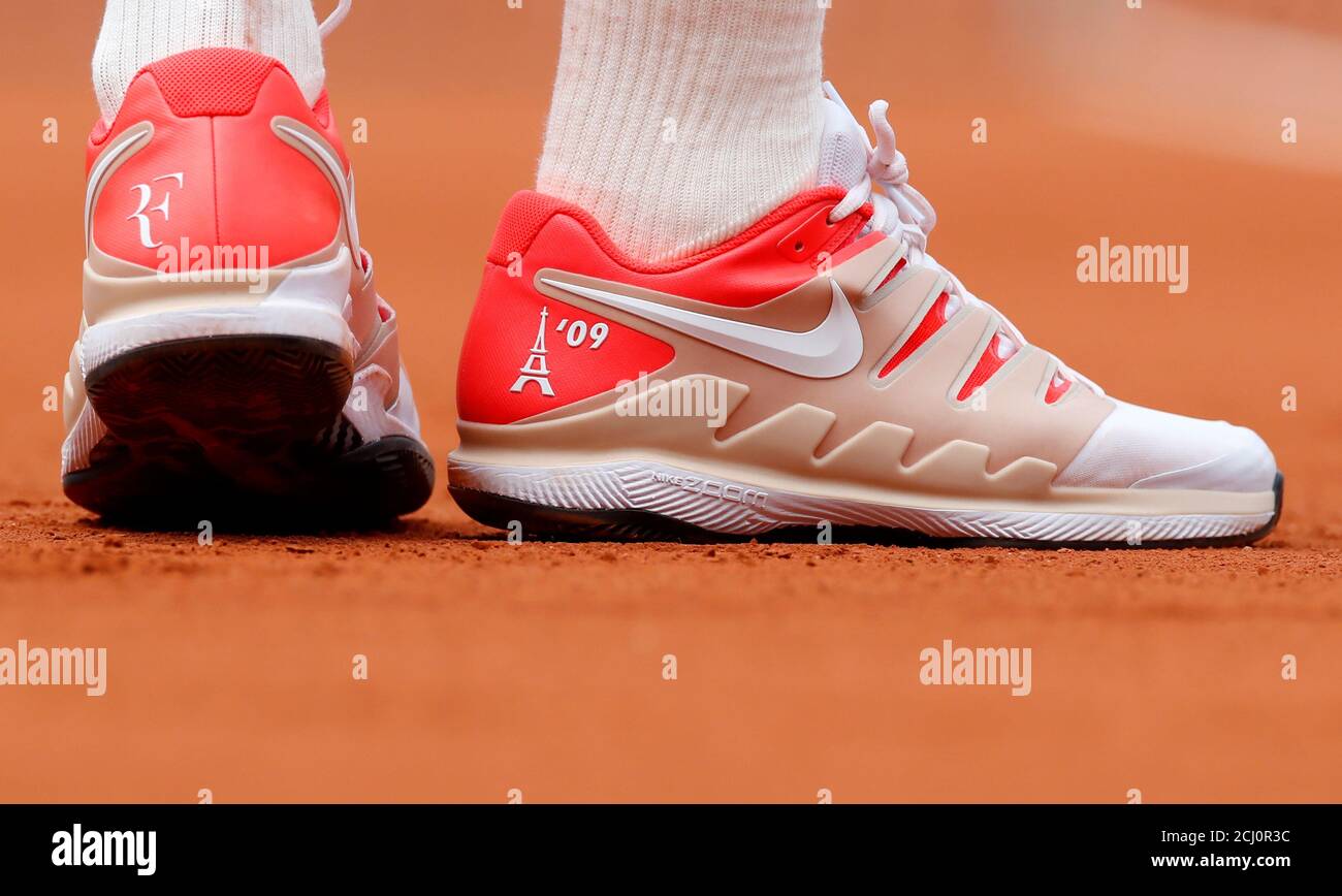 Tennis - French Open - Roland Garros, Paris, France - May 29, 2019. A view  of Switzerland's Roger Federer's shoes during his second round match  against Germany's Oscar Otte. REUTERS/Christian Hartmann Stock Photo - Alamy