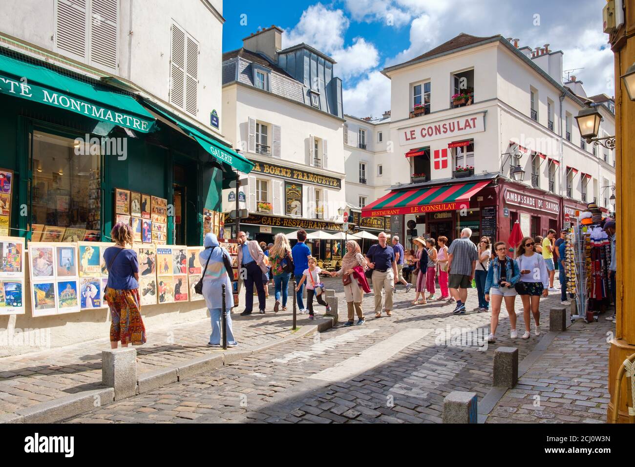 Typical cafes and art galleries in the bohemian neighborhood of Montmartre in Paris Stock Photo