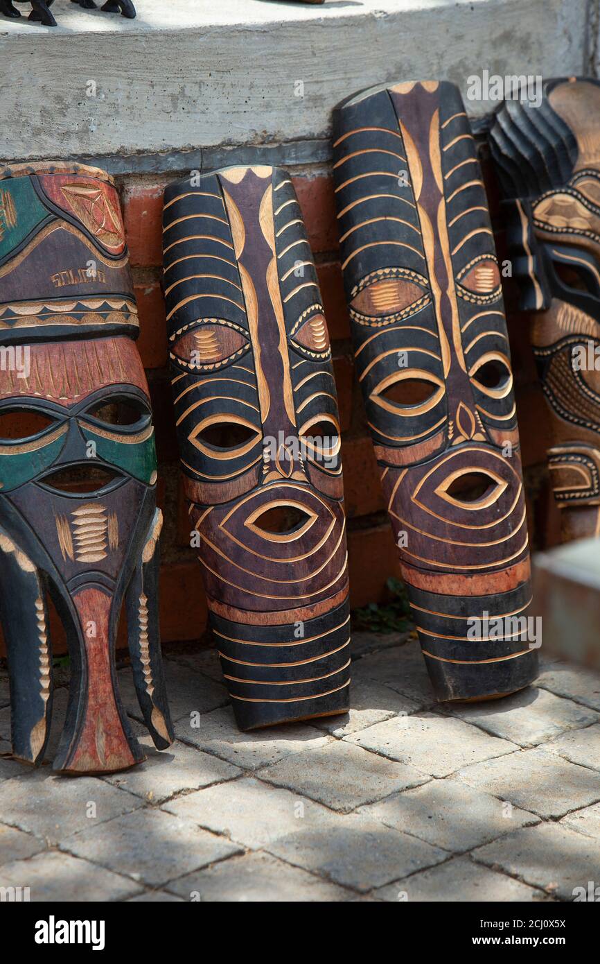 Traditional African masks for sale at a market in Soweto township