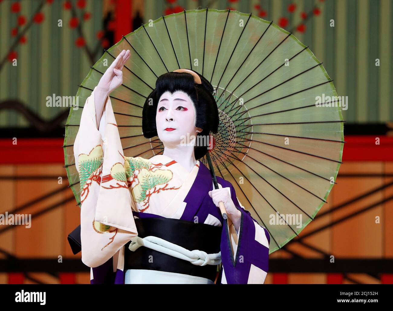 Geisha, a traditional Japanese female entertainer, performs a dance during a press preview of the annual Azuma Odori Dance Festival the Shinbashi Enbujo Theater in Tokyo, May 2018. REUTERS/Issei