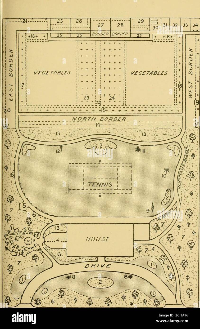 . The perfect garden, how to keep it beautiful and fruitful, with practical hints on eonomical management and the culture of all the principal flowers, fruits, and vegetables; . dicated by dots. 7. Specimen trees (indicated by largersymbols), with standard low trees (indicated by smaller symbols), such as DoubleThorns, Laburnum, Crabs, Double Cherry, &.C., filled in with shrubs. 8. Yuccarecurva or Pampas Grass. 9. Lawsons Cypress. 10. Weeping Elm. 11. Abies(Picea) nobilis glauca. 12. Thuya Lobbi superba. 13. Specimen Hollies (greenand variegated), filled in with evergreen shrubs, preferably en Stock Photo