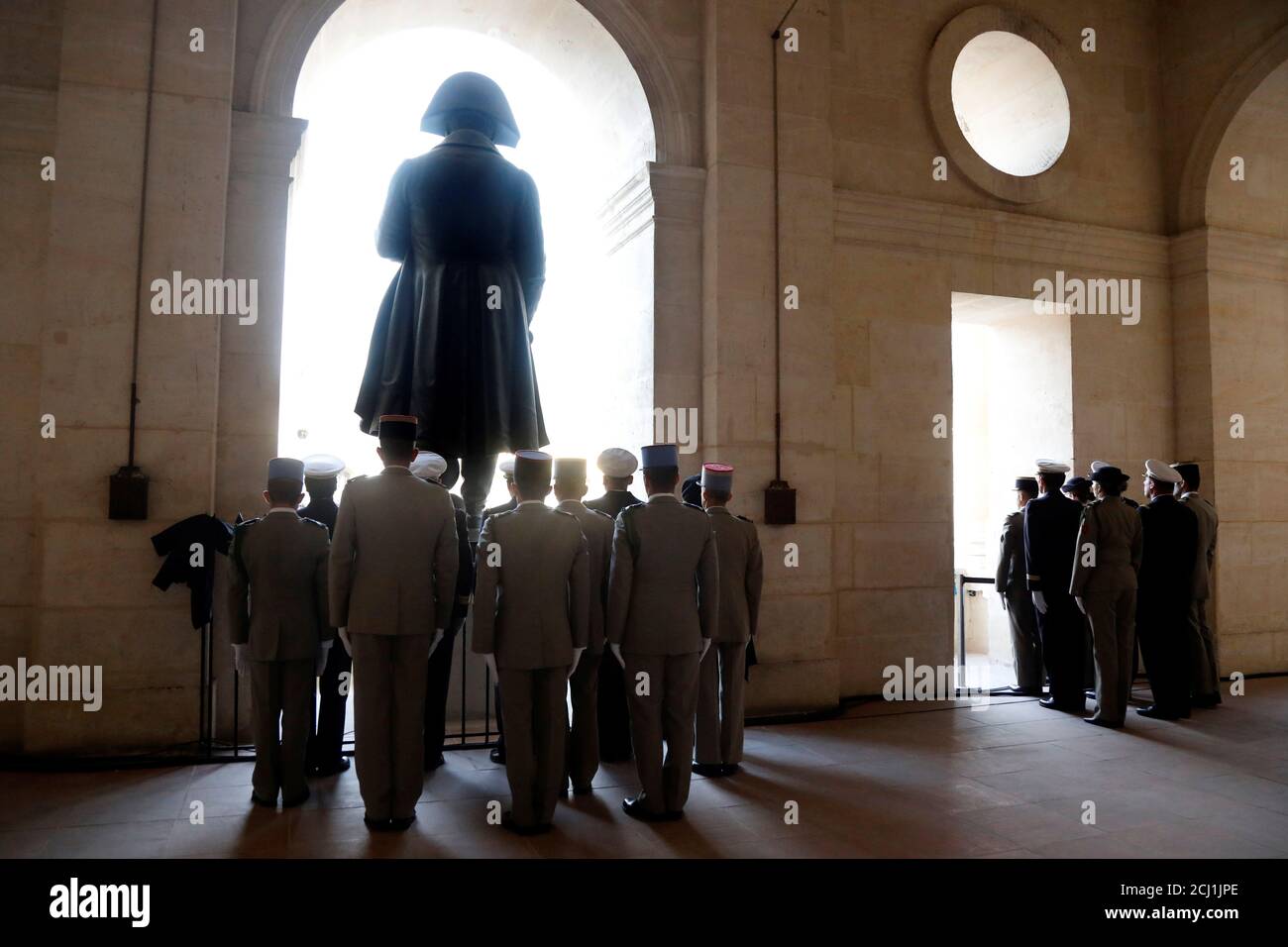 French soldiers attend a national ceremony for the thirteen French soldiers killed in Mali, at the Hotel National des Invalides in Paris, France, December 2, 2019. French soldiers Julien Carrette, Benjamin Gireud, Romain Salles de Saint-Paul, Clement Frison-Roche, Nicolas Megard, Romain Chomel de Jarnieu, Pierre Bockel, Alex Morisse, Jeremy Leusie, Alexandre Protin, Antoine Serre, Valentin Duval, Andrei Jouk died in Mali when their helicopters collided in the dark last week as they hunted for Islamist militants.  REUTERS/Charles Platiau Stock Photo