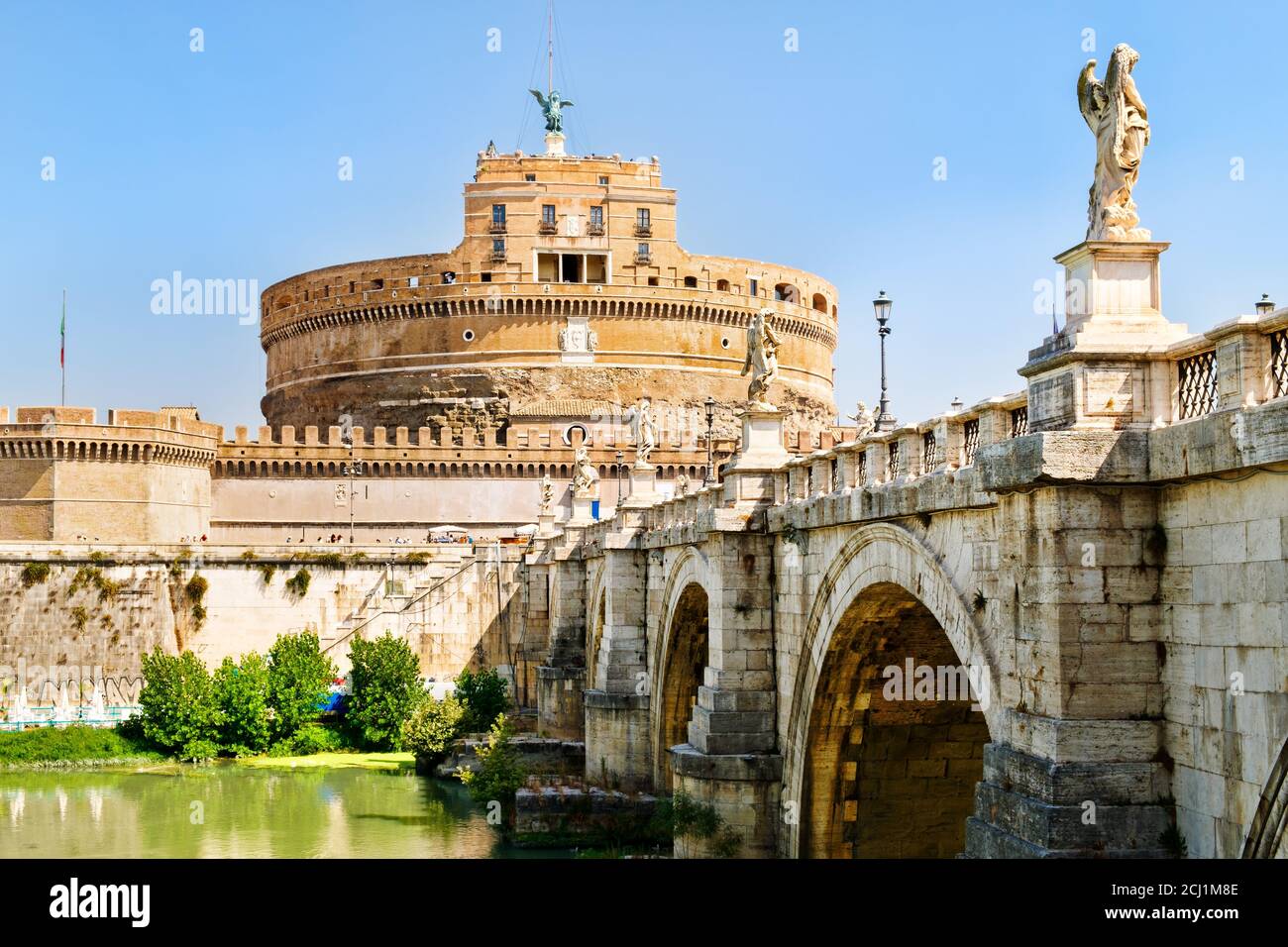 Castel Sant Angelo and the Ponte Sant Angelo crossing the river Tiber in Rome Stock Photo