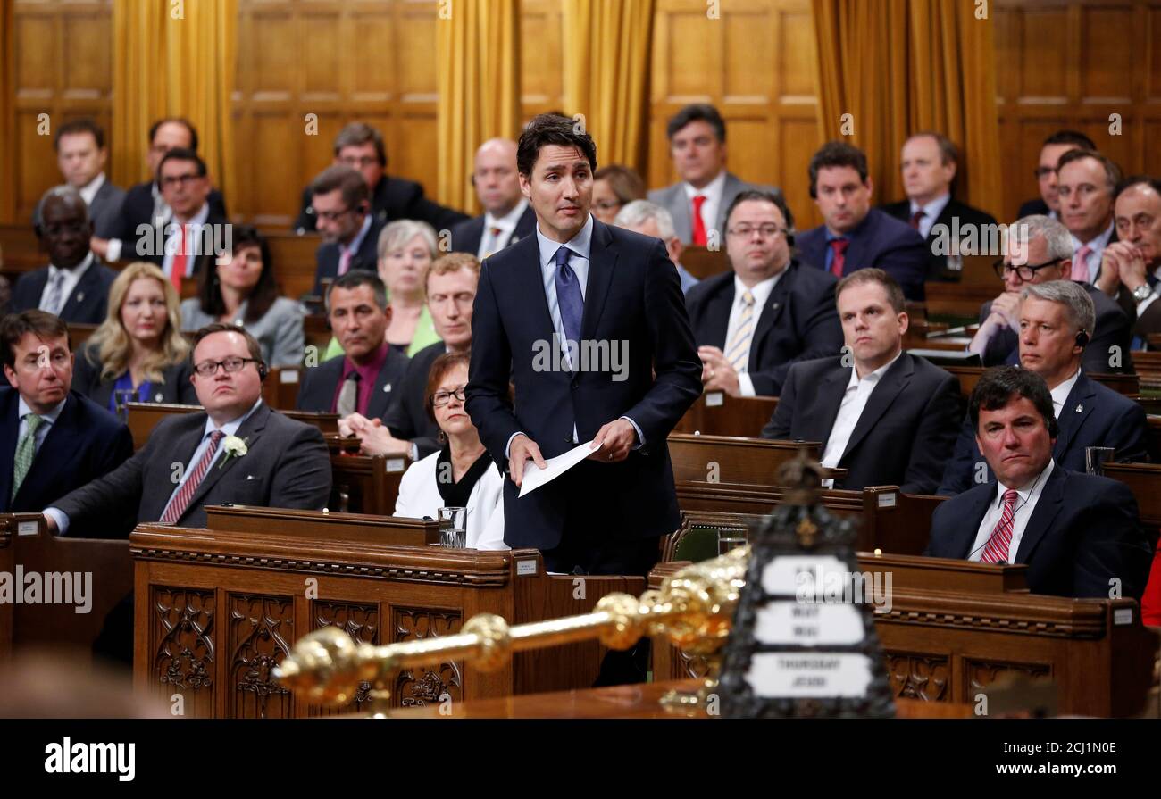 Canada's Prime Minister Justin Trudeau delivers an apology in the House of Commons on Parliament Hill in Ottawa, Ontario, Canada, May 19, 2016 following a physical altercation the previous day. REUTERS/Chris Wattie Stock Photo