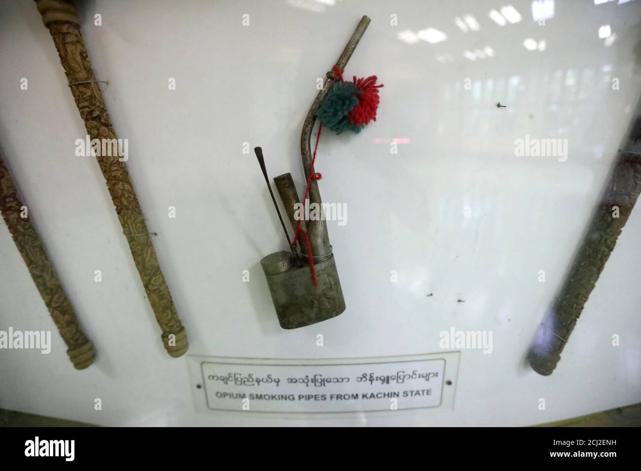 Tools used to smoke opium are seen at the Drug Elimination museum in Yangon, Myanmar November 6, 2018. REUTERS/Ann Wang Stock Photo