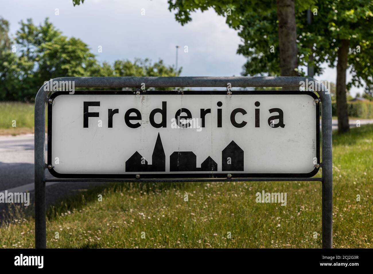 Fredericia, a black and white roadsign, Denmark, June 3,  2020 Stock Photo