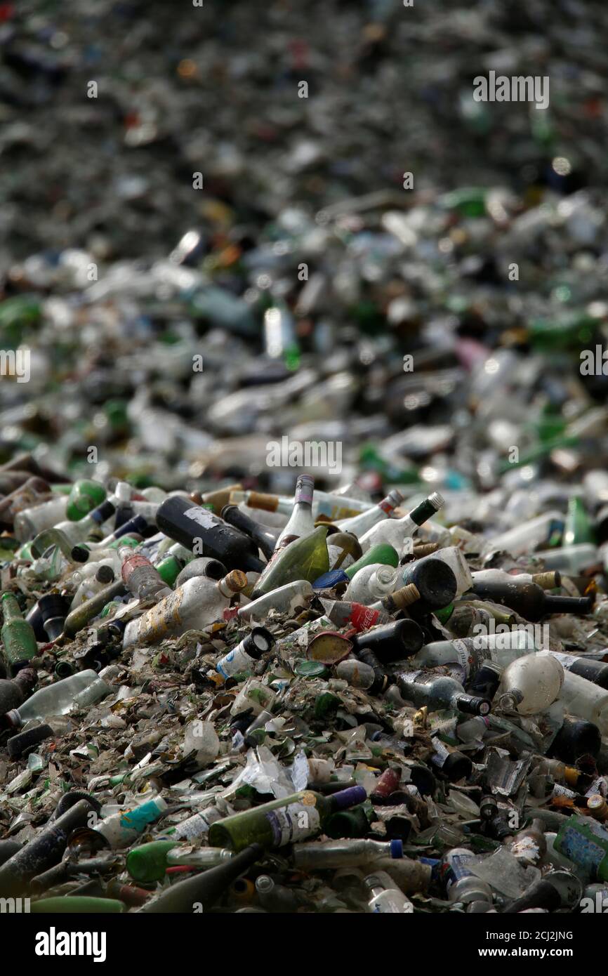 Glass bottles to be sent abroad for recycling are seen at the Sant'Antnin  Waste Treatment Plant, operated by Wasteserv Malta, in Marsascala, Malta  February 28, 2019. REUTERS/Darrin Zammit Lupi Stock Photo -