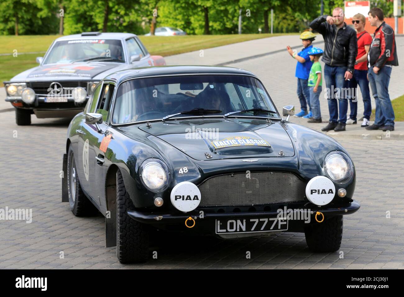 Aston Martin DB6 car of year 1968 arrives to the Baltic Classic Rally 2017 stop in Riga, Latvia, June 4, 2017. REUTERS/Ints Kalnins Stock Photo