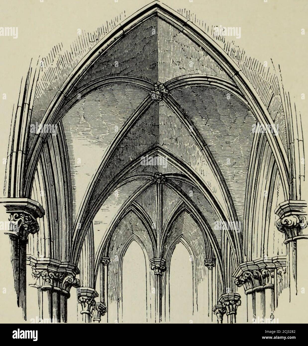 . An introduction to the study of Gothic architecture . 110. Barnack, Northamptonsliire, c. 1250. much enriched with mouldings and shafts of greatdepth, and the walls are ornamented on the insidewith arcades and tracery. 148 EARLY ENGLISH VAULTS. The Vaults are distinguished from the Norman bytheir greater boldness, and from succeeding stylesby their greater simplicity, as at Salisbury (HI).. 111. Salisbury Cathedral, c. 1240.Early English vault, groined, with moulded ribs on the groins only. In the earlier examples there are ribs on the anglesof the groins only; at a later period the vaulting Stock Photo