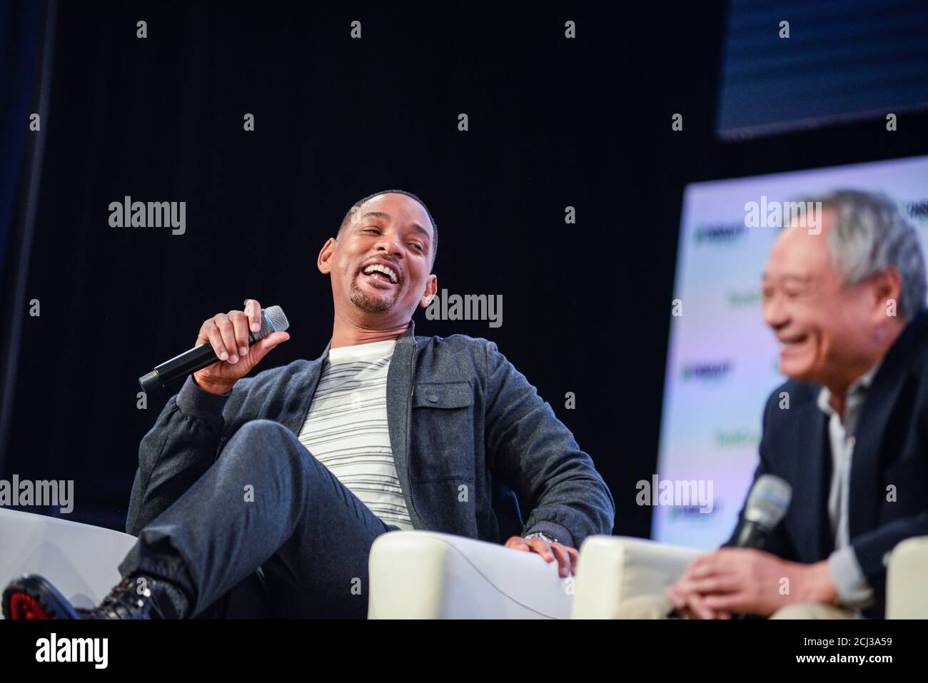 Actor Will Smith Laughs With Gemini Man Director Ang Lee During The Techcrunch Disrupt Forum In San Francisco California U S October 2 2019 Reuters Kate Munsch Stock Photo Alamy<script async src=
