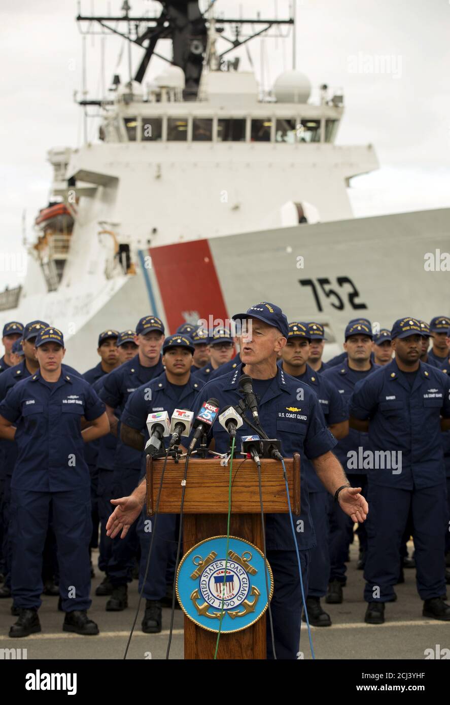 U.S. Coast Guard Commandant  Admiral Paul Zukunft speaks in front of the crew of the Coast Guard Cutter Stratton while announcing 66,000 pounds of cocaine worth $1.01 billion wholesale was seized in the Eastern Pacific Ocean upon the ship's arrival in San Diego, California August 10, 2015. Zukunft, announced the Coast Guard and partner agencies had seized more cocaine in the Eastern Pacific Ocean in the last 10 months than in fiscal years 2012 through 2014 combined.  REUTERS/Mike Blake Stock Photo