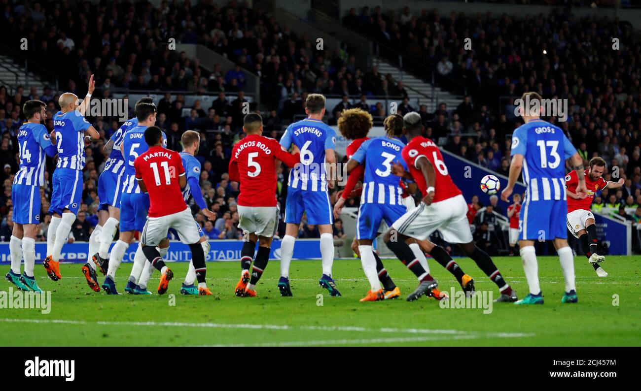 Soccer Football - Premier League - Brighton & Hove Albion v Manchester United - The American Express Community Stadium, Brighton, Britain - May 4, 2018   Manchester United's Juan Mata shoots at goal from a free kick   REUTERS/Eddie Keogh    EDITORIAL USE ONLY. No use with unauthorized audio, video, data, fixture lists, club/league logos or 'live' services. Online in-match use limited to 75 images, no video emulation. No use in betting, games or single club/league/player publications.  Please contact your account representative for further details. Stock Photo