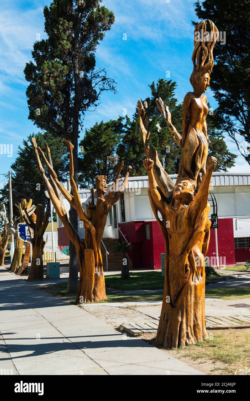 Artwork in downtown Puerto Madryn, carved tree, Puerto Madryn, Chubut, Argentina, South America Stock Photo