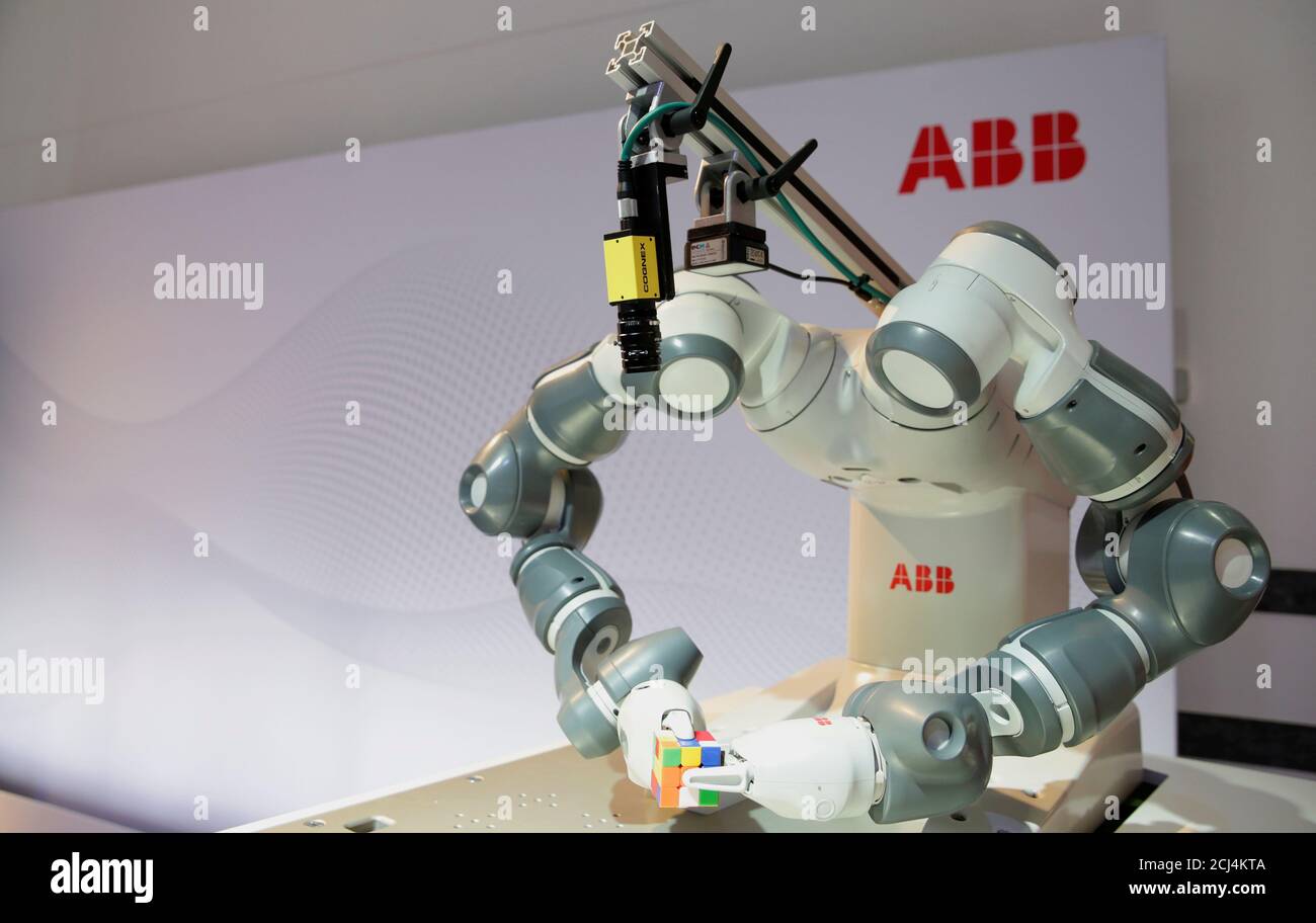 Humanoid robot YuMi is seen before a news conference by Swiss power  technology and automation group
