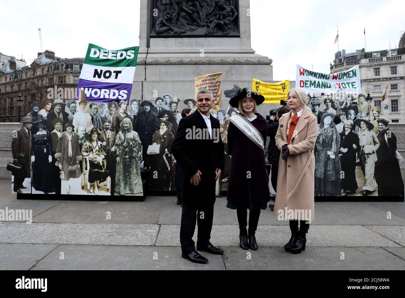 The Mayor of London, Sadiq Khan, historian Lucy Worsley, and Justine Simons deputy mayor for culture and creativity, pose for a photograph to mark the centenary of women's suffrage in London, Britain February 6, 2018. REUTERS/Simon Dawson Stock Photo
