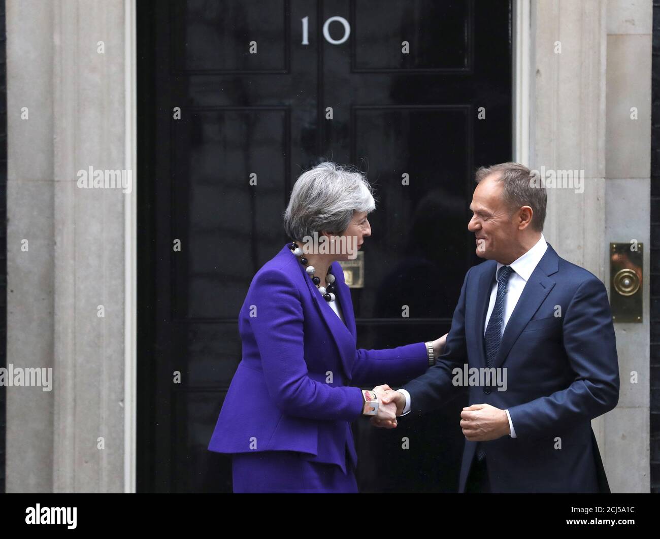 Britain's Prime Minister Theresa May greets European Council President Donald Tusk outside 10 Downing Street in London, March 1, 2018. REUTERS/Simon Dawson Stock Photo