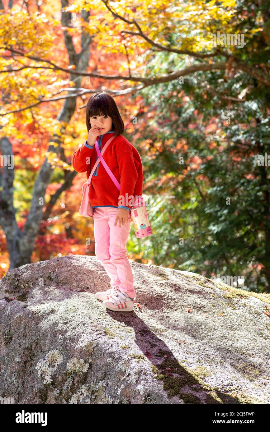 Little girl wearing an orange fleece jacket while standing on a rock in a forest. Autumn season. Stock Photo