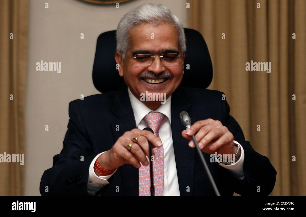 The Reserve Bank of India (RBI) Governor Shaktikanta Das adjusts the microphone before a news conference after a monetary policy review in Mumbai, India, December 5, 2019. REUTERS/Francis Mascarenhas Stock Photo
