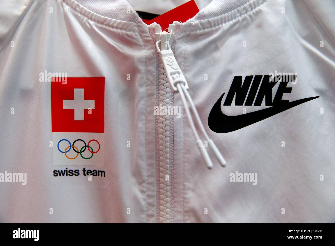 The logo of U.S. sportswear company Nike is seen on an official outfit of  the Swiss team for next month's Rio Olympic games during a media  presentation in Luterbach, Switzerland July 19,