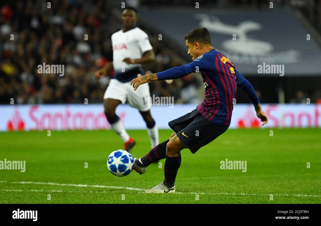 Soccer Football - Champions League - Group Stage - Group B - Tottenham Hotspur v FC Barcelona - Wembley Stadium, London, Britain - October 3, 2018  Barcelona's Philippe Coutinho scores their first goal   REUTERS/Dylan Martinez Stock Photo